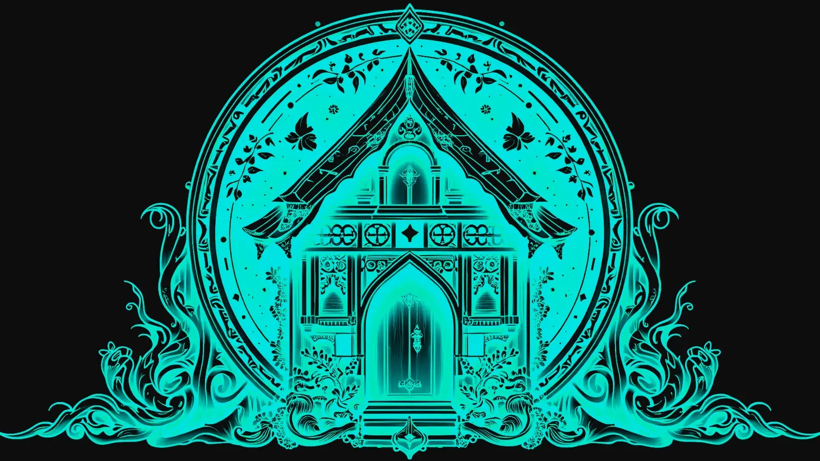 A mysterious house in black and electric blue monochrome.