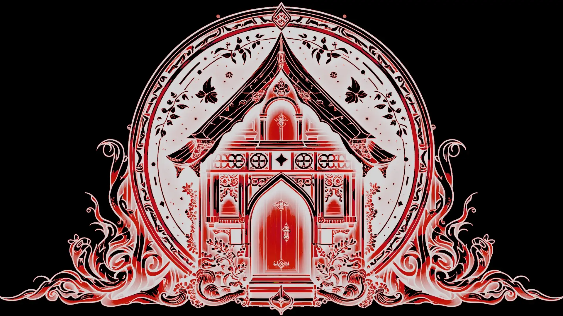 A mystical house in red and black