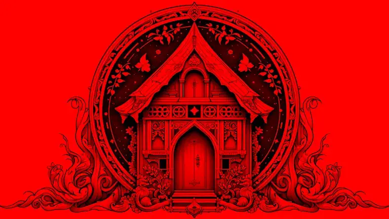 A mystical house in red and black monochrome