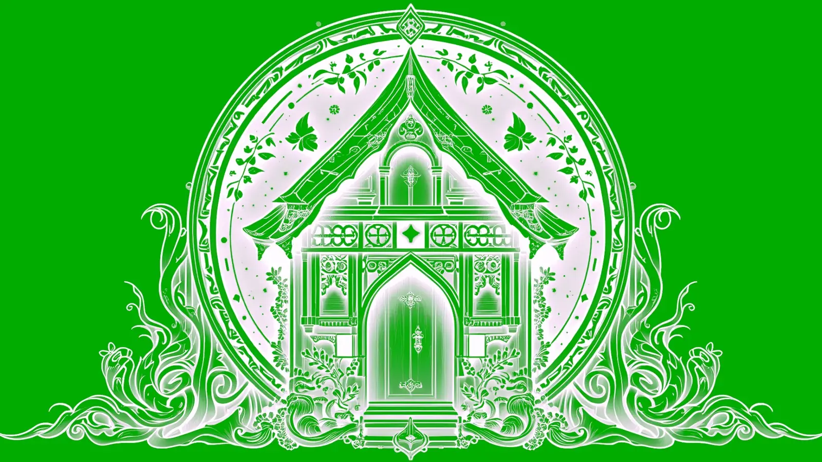 A mystical house in green and white monochrome