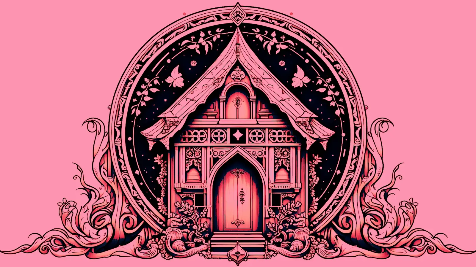 A mysterious house in pink and black monochrome