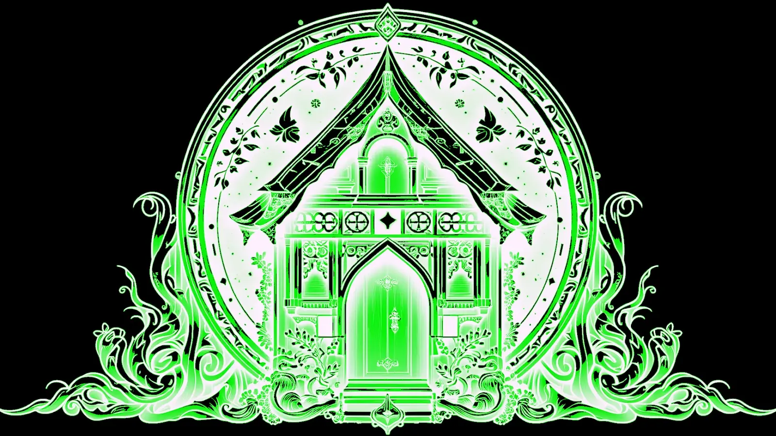A mystical house in green, black and white