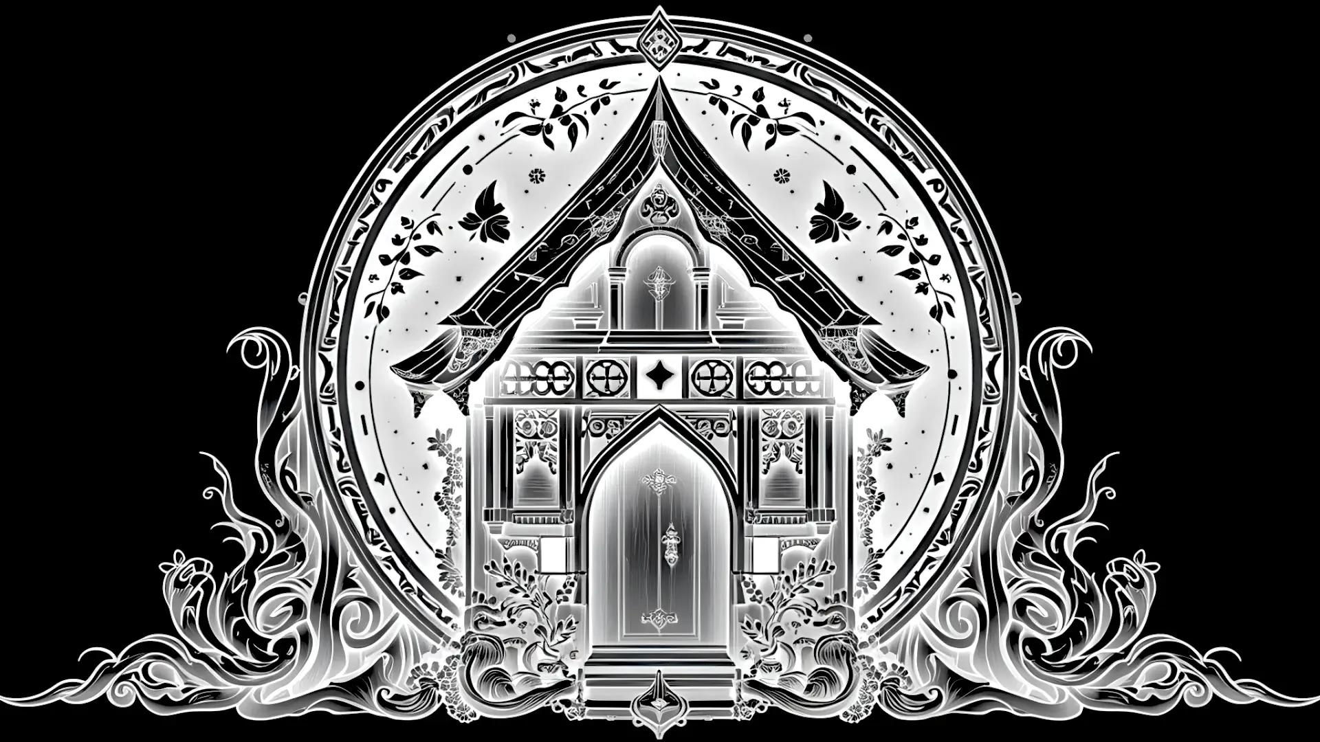 A mystical house in black and silver monochrome
