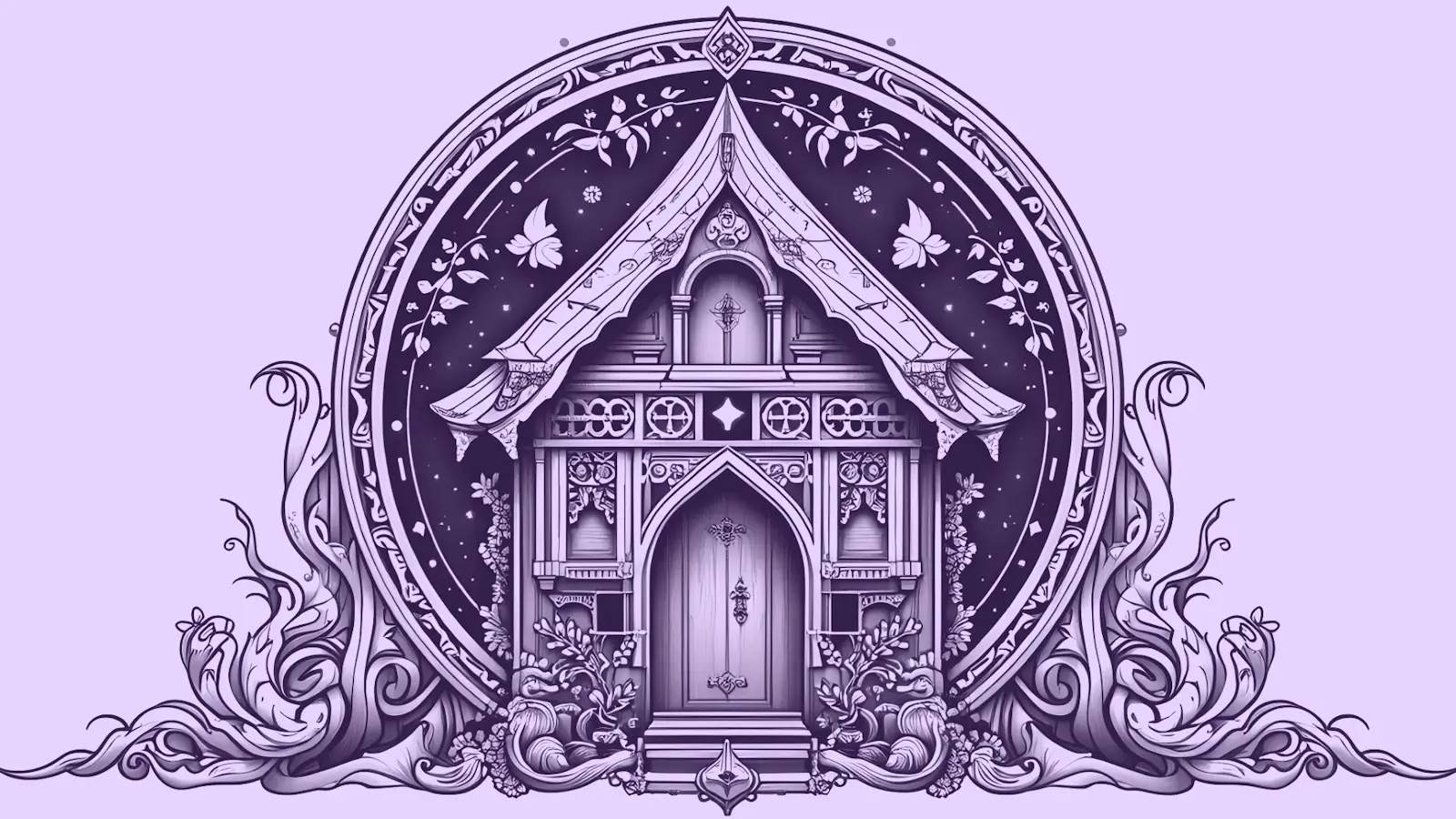 A mysterious house in lilac and black monochrome.