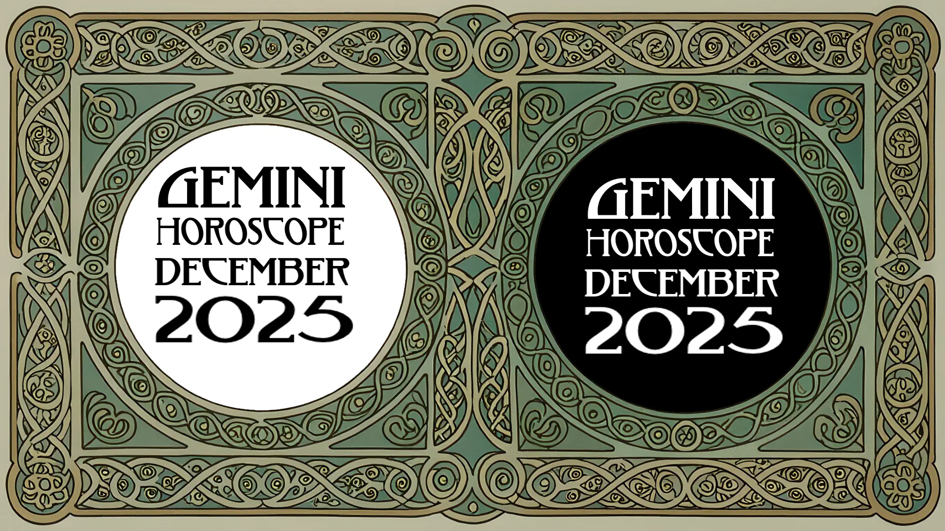 An intricate Celtic knotwork frame containing two circular panels with Art Nouveau lettering. One had black text on white, the other has white text on black - both read "Gemini Horoscope December 2025"