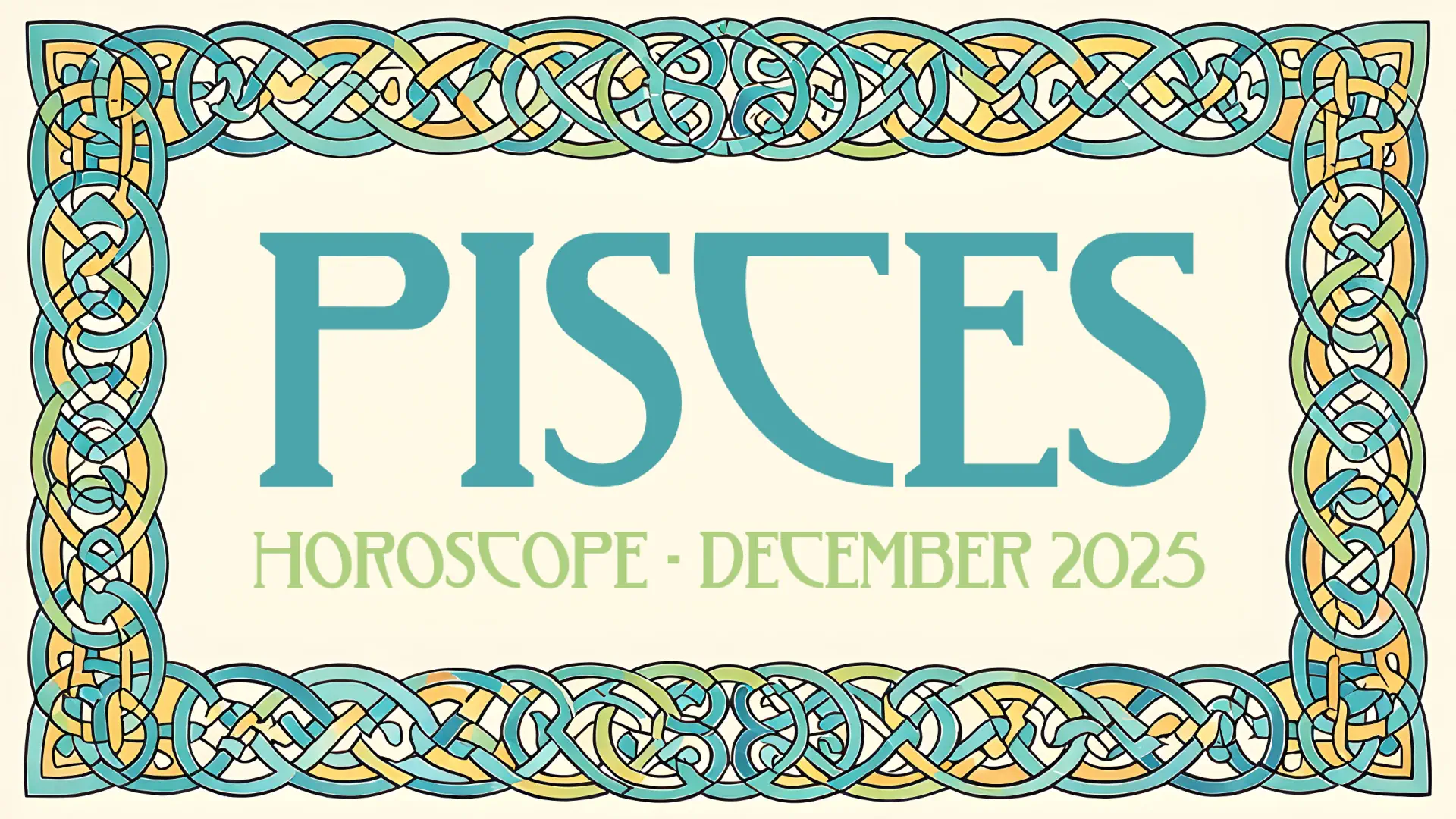 A Celtic knotwork frame bearing the words "pisces horoscope December 2025" in an Art Nouveau style.