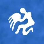 A cloudy blue background with a cave-painting style depiction of the Aquarius zodiac sign.