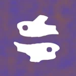 A cloudy purple background with a cave-painting style depiction of the Pisces zodiac sign.
