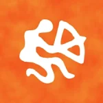 A cloudy orange background with a cave-painting style depiction of the Sagittarius zodiac sign.