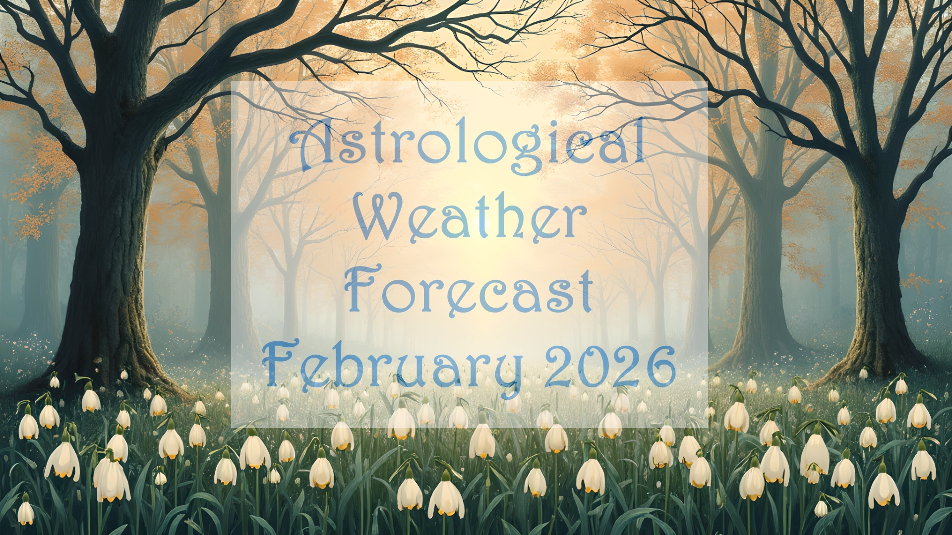 A misty February landscape. The title reads "Astrological Weather Forecast 2026"