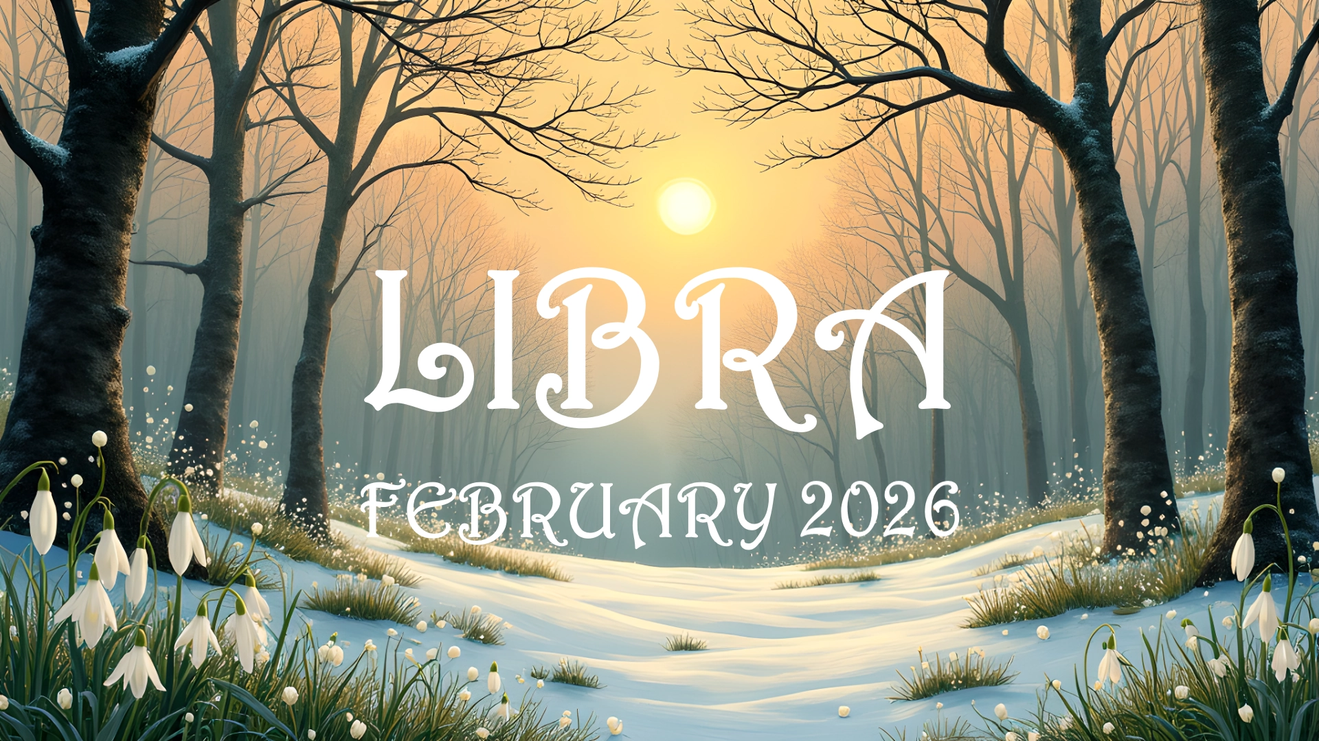 A snowy February landscape scene. The legend reads "Libra - February 2026"