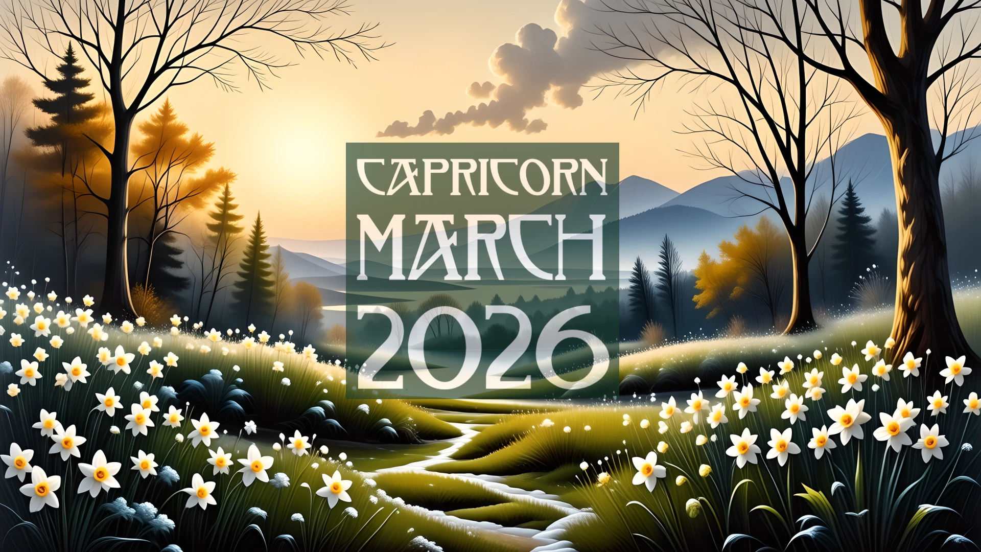 A March landscape with daffodils. The text reads Capricorn March 2026