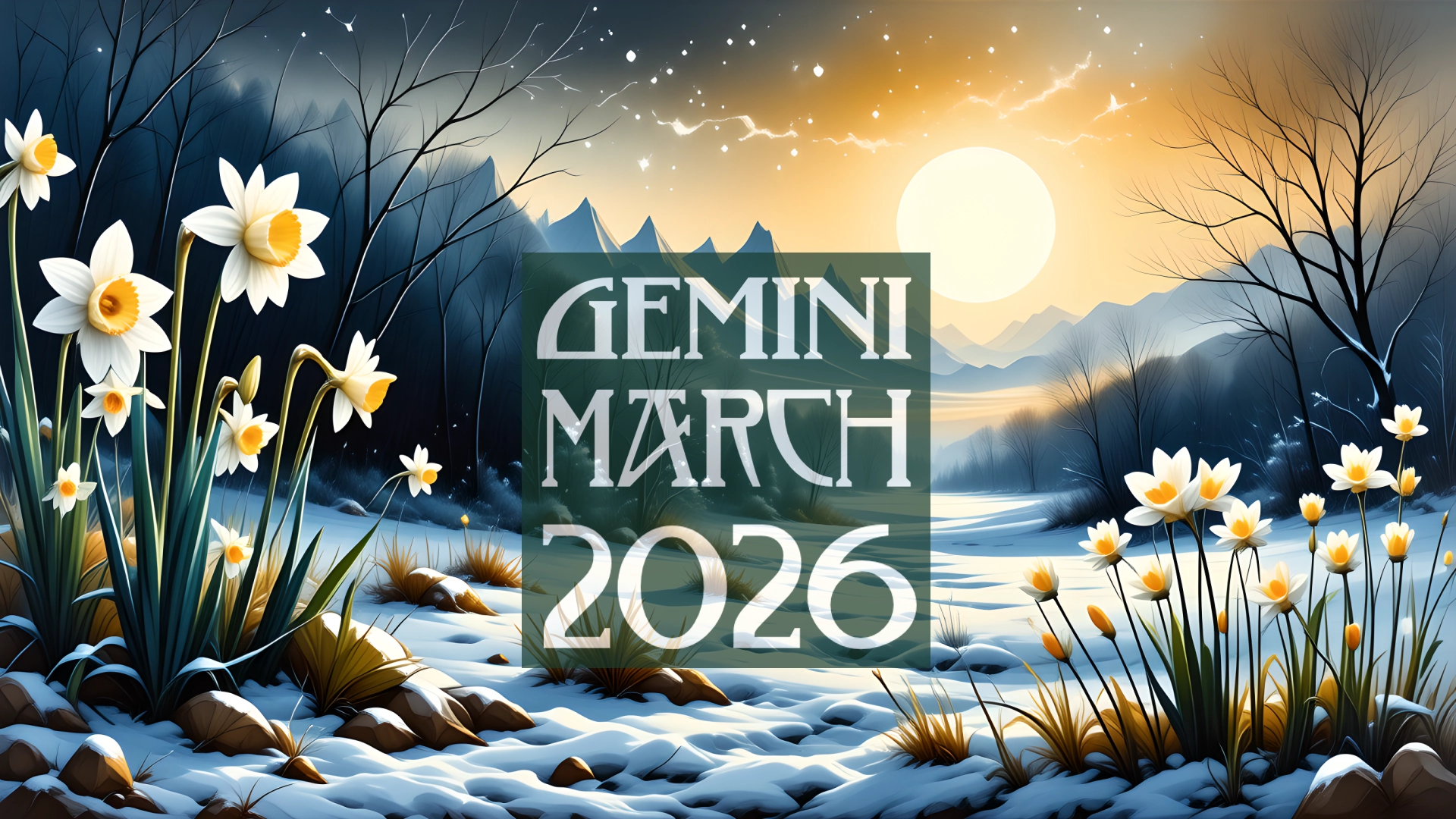A March landscape with daffodils. The text reads Gemini 2026