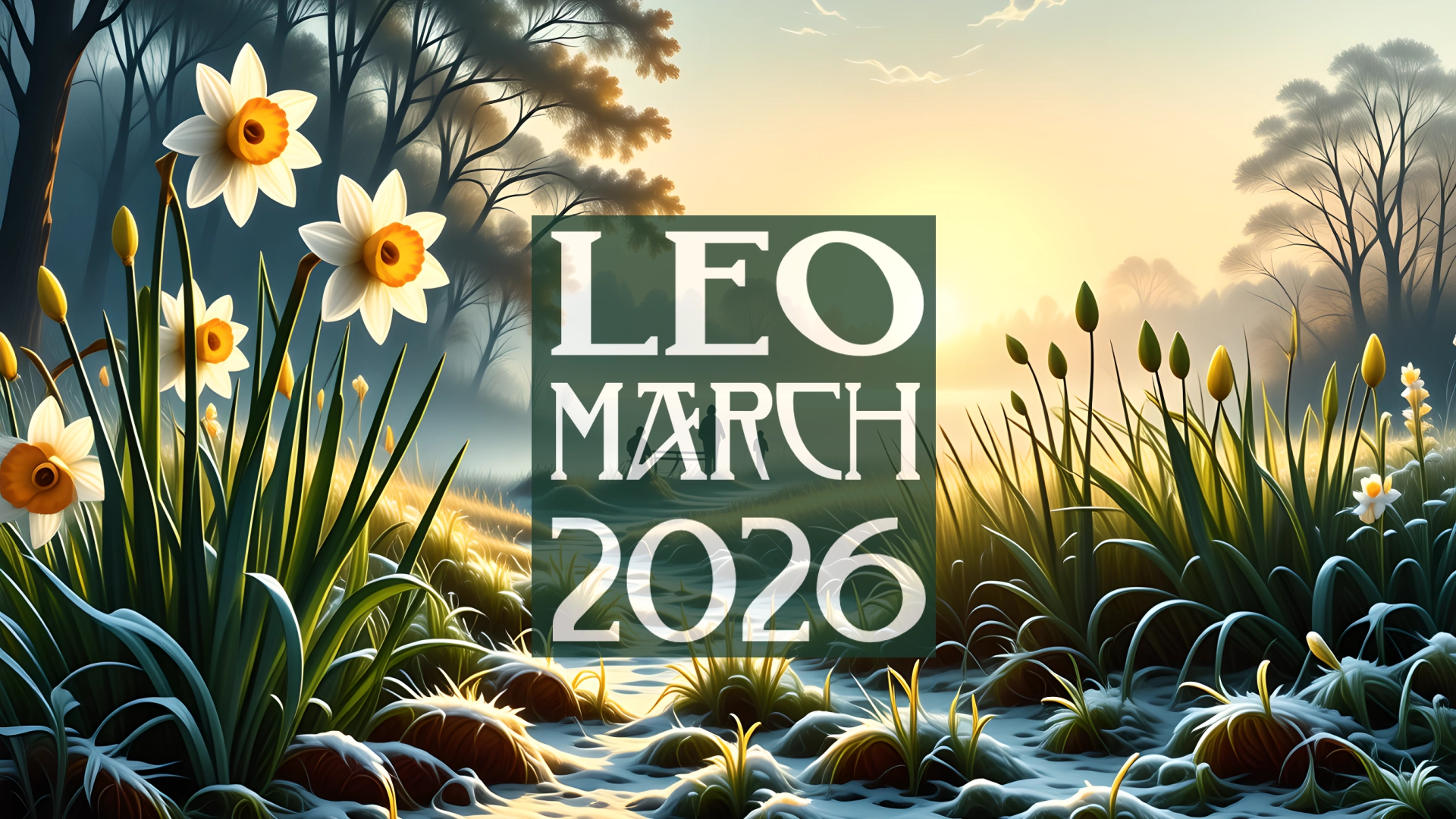 A March landscape with daffodils. The text reads Leo March 2026