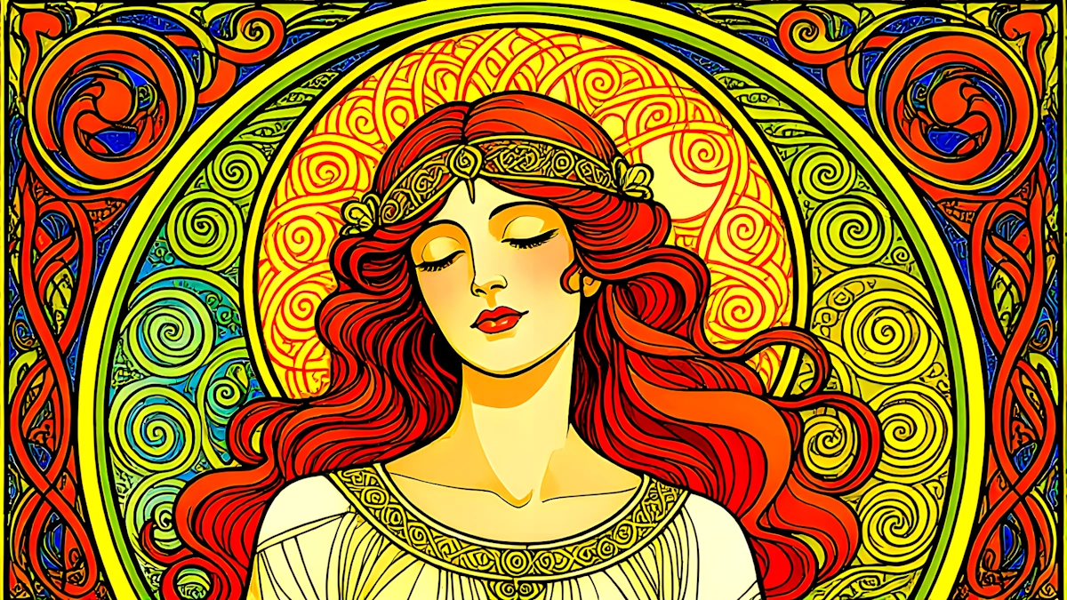 Muchaesque lady bathed in colour depicting Libran balance