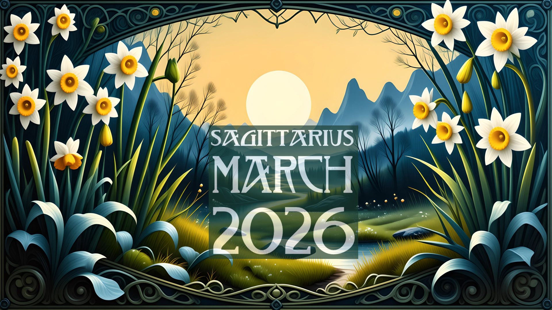 A March landscape with daffodils. The text reads Sagittarius March 2026
