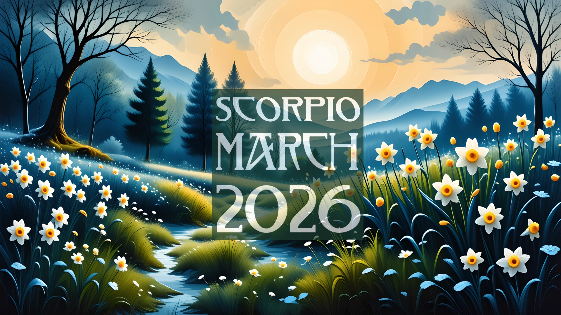 A March landscape with daffodils. The text reads Scorpio March 2026