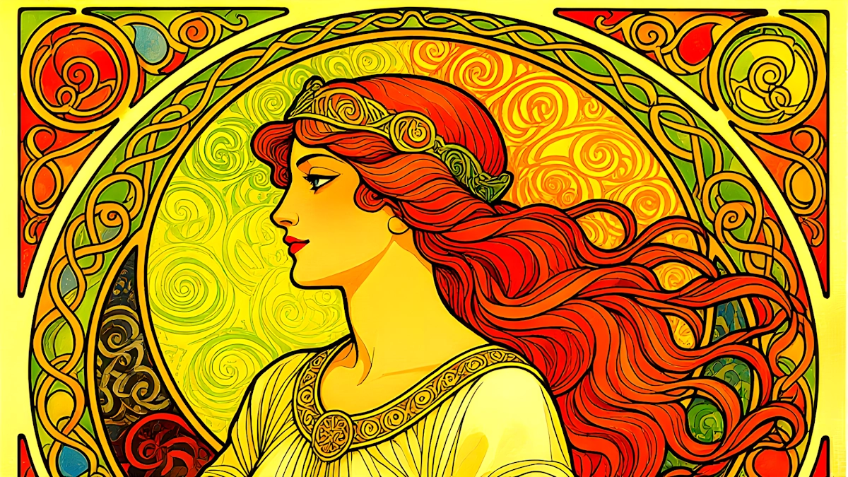 A Celtic Nouveau depiction of a woman bathed in colour.
