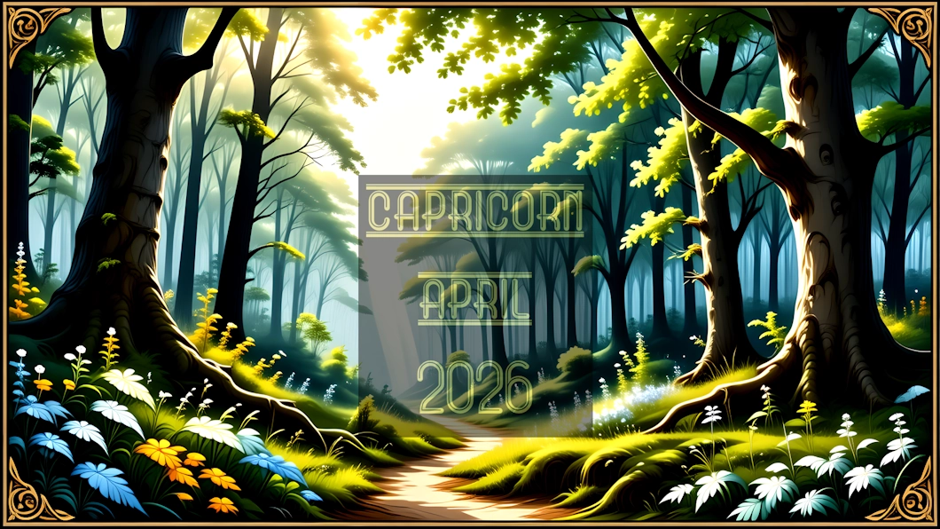 A British springtime woodland scene. A text overlay reads Capricorn April 2026.