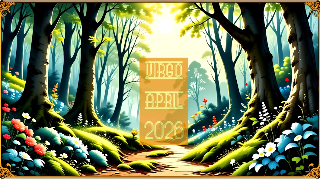 A British springtime woodland scene. A text overlay reads Virgo April 2026.
